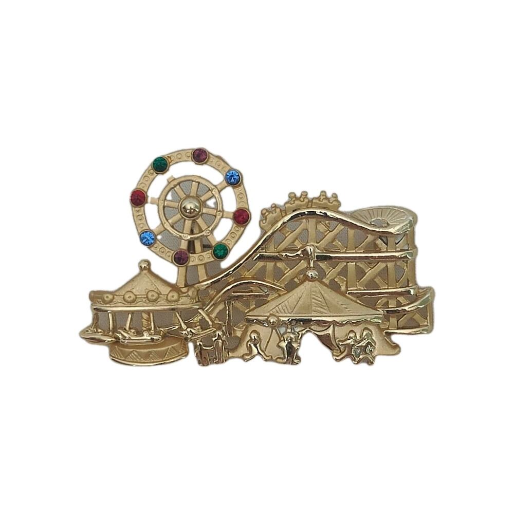 Vtg Rare AJC Colored Rhinestone Carnival Lapel Brooch Pin Moving Ferris Wheel